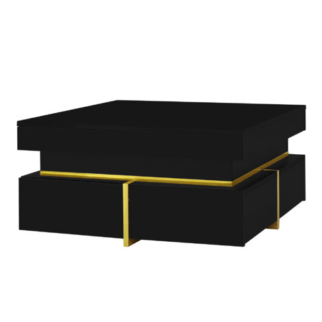 Gold Accent High-Gloss Coffee Table with Drawers - Modern Living Room Side Table, Glossy Surface & Storage, Black