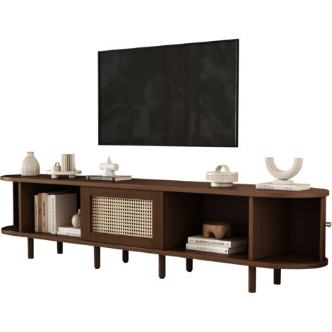 Oak TV Stand with Rattan Drawer & 2 Sliding Doors - 180cm Media Unit for 70 inch TVs, Rounded Corners, 30kg Capacity, Living Room Storage Cabinet (1/5)