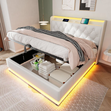 Modern Double Ottoman Bed with 360° LED Lights & Hydraulic Storage - 4ft6 PU Frame, USB Charging, Ample Storage, White (No Mattress)