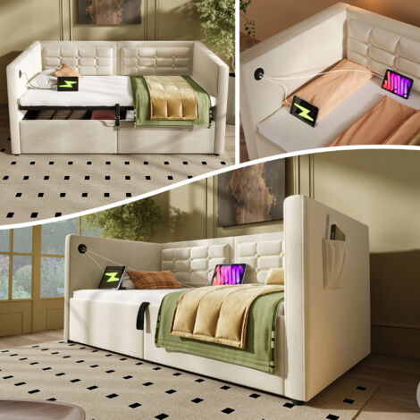 3FT Velvet Daybed with USB Charging & Hydraulic Storage - 90x190cm Single Sofa Bed for Living Room & Bedroom,Beige
