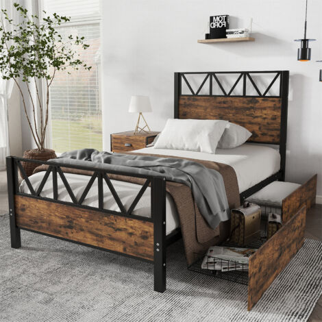 3FT Single Bed with 2 Drawers Metal Storage Bed Frame Sturdy Iron Youth & Adult Bed Black & Wood Finish 90x190cm (1/5)