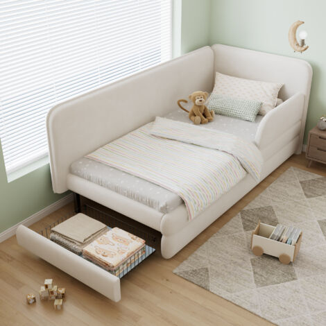 3ft Single Upholstered Bed with Storage Drawer, Space Saving Velvet Bed Frame with Footboard Drawer & Side Rails, Easy Assembly, Beige (90x190cm) (1/5)