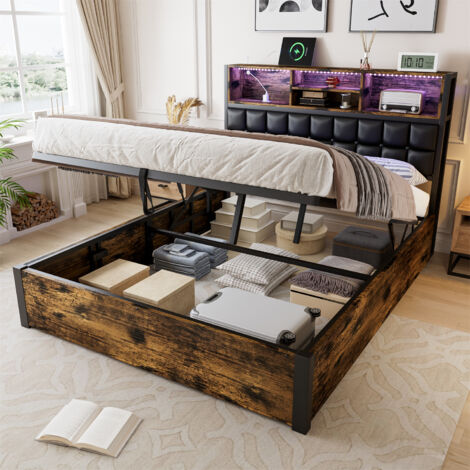 Hydraulic Storage Bed with USB Charging Port & LED Light, Black Wood Effect Headboard with Soft Backrest & Side Pockets, Metal Frame,4ft6 Double Bed 135×190cm