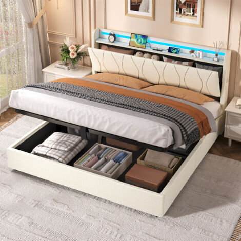 Upholstered Bed Frame with Hydraulic Storage & LED Headboard - Modern Linen Bed with USB/Type-C Charging Station, Concealed Storage and No Box Spring Needed, Beige,5ft King Bed