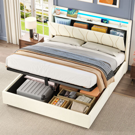 Upholstered Bed Frame with Hydraulic Storage & LED Headboard - Modern Linen Bed with USB/Type-C Charging Station, Concealed Storage and No Box Spring Needed, Beige,4ft6 Double Bed