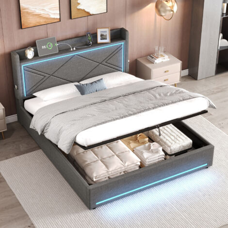 5ft King Size Storage Bed Frame with Hydraulic Lift, Grey Linen Ottoman Bed with LED Lights & Charging Station - USB/Type-C Ports, No Box Spring Needed, Modern Bedroom Furniture