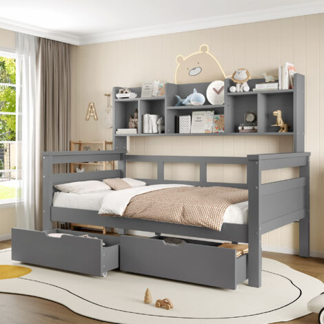 3ft Kids Storage Bed with Bookcase Headboard & Guardrail - Wooden Bed Frame with 2 Drawers, Space-Saving Single Bed for Bedroom/Dorm/Study Room (No Mattress),Grey