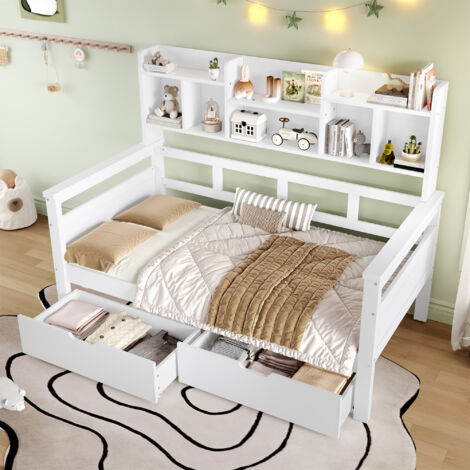 3ft Kids Storage Bed with Bookcase Headboard & Guardrail - Wooden Bed Frame with 2 Drawers, Space-Saving Single Bed for Bedroom/Dorm/Study Room (No Mattress),White