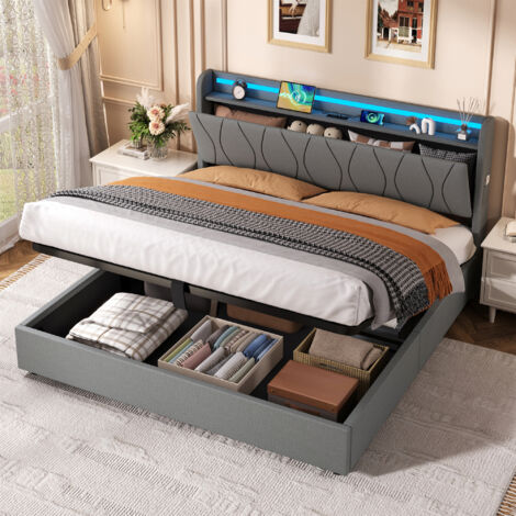 Upholstered Bed Frame with Hydraulic Storage & LED Headboard - Modern Linen Bed with USB/Type-C Charging Station, Concealed Storage and No Box Spring Needed, Grey,5ft King Bed