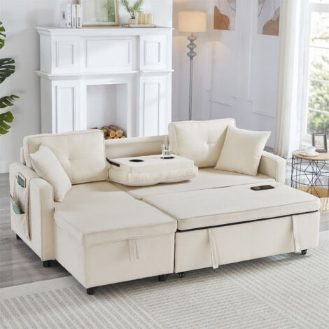 Modern L-Shaped Convertible Sofa Bed with Storage & Charging Ports - 3-in-1 Sleeper Sectional Sofa with Drop-Down Table, USB/Type-C, Beige