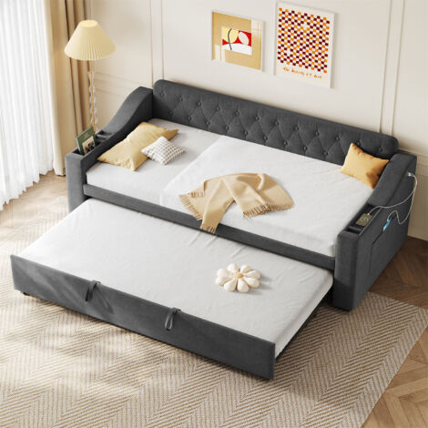 Grey Linen Upholstered Daybed with Charging Station & Trundle - 90x190cm 3ft Single Sofa Bed with Armrest Storage for Living Room, Bedroom, Study (No Mattress) (1/5)