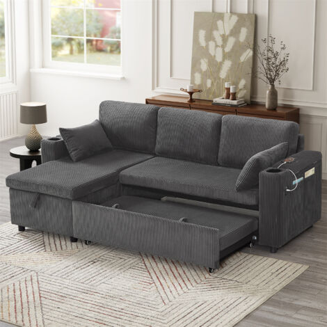 3-in-1 L-Shaped Convertible Sofa Bed with Storage & Charging Station – Grey Corduroy Sleeper Sectional with Pull-Out Bed, Armrest Storage & Chaise for Living Room, Bedroom, Office, Grey
