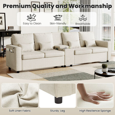 4-Seater Modern Linen Sofa with Storage Console & Charging Ports ...