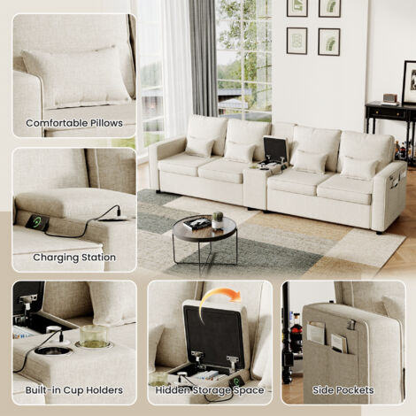 4-Seater Modern Linen Sofa with Storage Console & Charging Ports ...