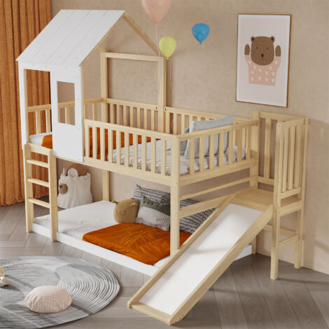White Wooden High Sleeper Bed with Fun Slide & Storage - 3ft Single 90x190cm Kids Loft Bed with Windows, Pine+MDF+Plywood, White & Wood Color