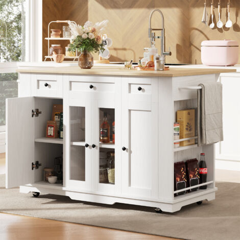 Kitchen Island with Removable Partitions, 151.5x60x91.7cm Kitchen Cabinet, Dining Trolley with Worktop & Wood Grain Finish Sideboard, Tempered Glass Cabinet, White
