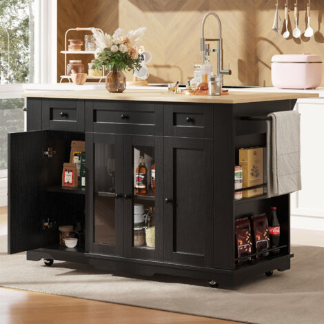 Kitchen Island with Removable Partitions, 151.5x60x91.7cm Kitchen Cabinet, Dining Trolley with Worktop & Wood Grain Finish Sideboard, Tempered Glass Cabinet, Black