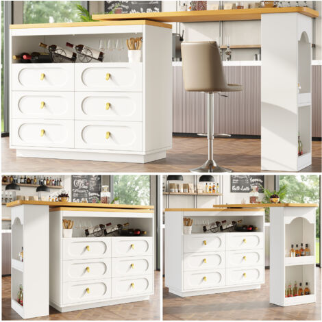 White 360° Rotating Kitchen Island & Coffee Bar Table with Storage, 6 Drawers, Spice Rack  137 x 39 x 90 cm