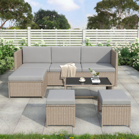 4-6 Seater Garden Lounge Set with Coffee Table & Stool - Modern Rattan Style Outdoor Sofa Set for Patio, Balcony or Garden, Khaki (1/5)