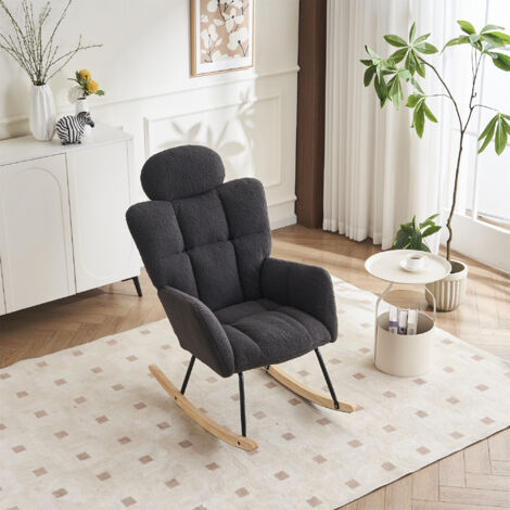 Mid-Century Modern Rocking Chair with Soft Teddy Fabric Upholstery, Padded Seat & Headrest – Ergonomic Tufted Design for Living Room & Bedroom, Dark Grey