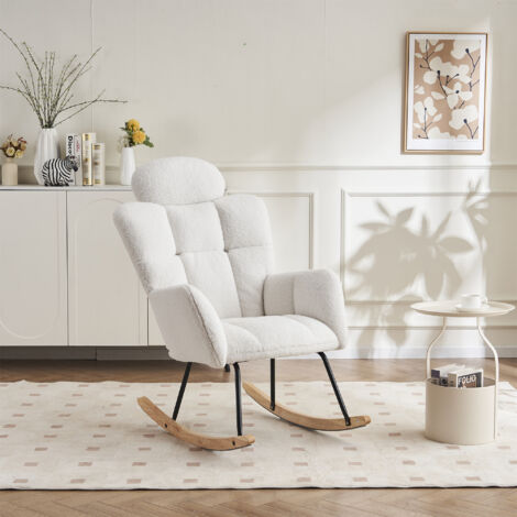Mid-Century Modern Rocking Chair with Soft Teddy Fabric Upholstery, Padded Seat & Headrest – Ergonomic Tufted Design for Living Room & Bedroom, White