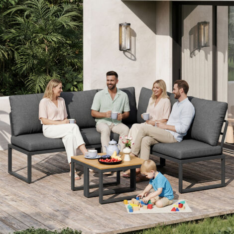 4-5 Seater Modular Garden Sofa Set Outdoor Patio Furniture with Adjustable Lounge Chair & 2 Joining Plastic Wood Coffee Tables Weather-Resistant Grey Linen Cushions for Garden, Balcony, Terrace