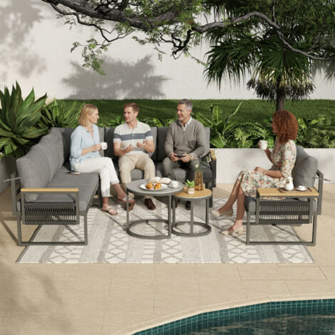 5-6 Seater Garden Furniture Set, Rope Woven Outdoor Corner Sofa with Matching Armchair, 2 Nesting Tempered Glass Coffee Tables and Adjustable Handrail Trays, Patio Lounge Set, Linen, Grey