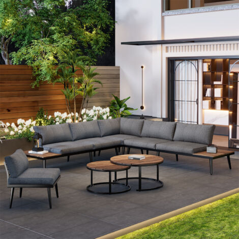 Modular Outdoor Sofa Set with Galvanized Iron Frame, Washable Cushions, Acacia Wood Nesting Tables, for Patio & Garden (1/5)