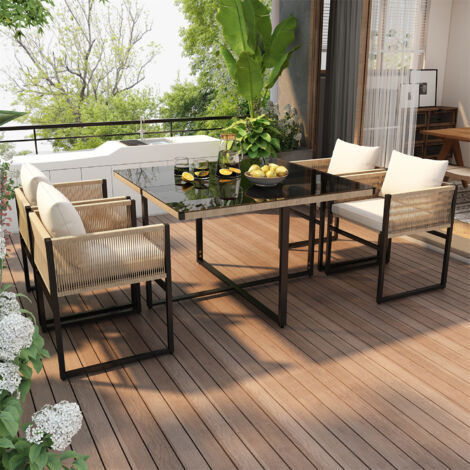 Garden Dining Set 5-Piece 1.1m Tempered Glass Table & 4 Stackable Chairs with Cushions Space-Saving Outdoor Furniture Set for Patio, Garden, Balcony (1/5)