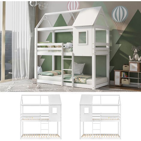 Bunk Bed, Children Cabin Bed, Single Bed for Kids, Twin Sleeper, Solid Pine Wood,3FT-White