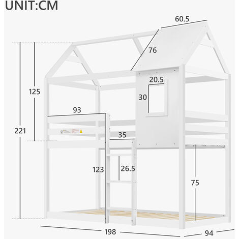 Bunk Bed, Children Cabin Bed, Single Bed for Kids, Twin Sleeper, Solid Pine Wood,3FT-White