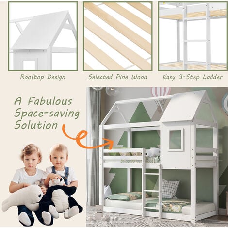 Bunk Bed, Children Cabin Bed, Single Bed for Kids, Twin Sleeper, Solid Pine Wood,3FT-White