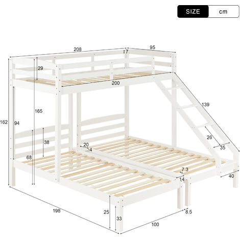 Bunk Bed Triple Sleeper with Side Ladder for Children and Teens 3FT, White (90x190cm,90x200cm)