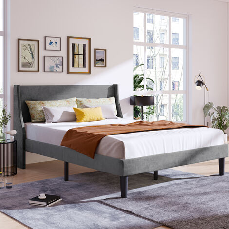 Upholstered Bed with Winged Headboard, Wood Slat Support, Double Bed, Velvet, Grey