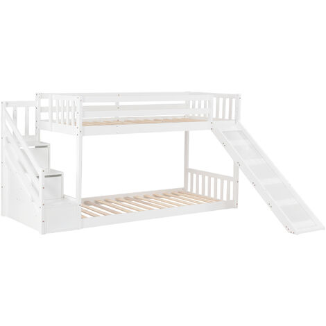 Bunk Bed with Stairs and Slide, Solid Pine Wood Frame, Children Bed with 2 Drawers in the Steps,90x190cm, White