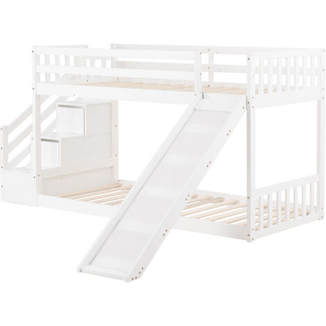Bunk Bed with Stairs and Slide, Solid Pine Wood Frame, Children Bed with 2 Drawers in the Steps,90x190cm, White