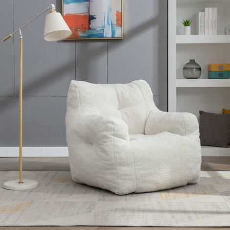 Soft Tufed Foam Bean Bag Chair With Teddy Fabric, Ivory White