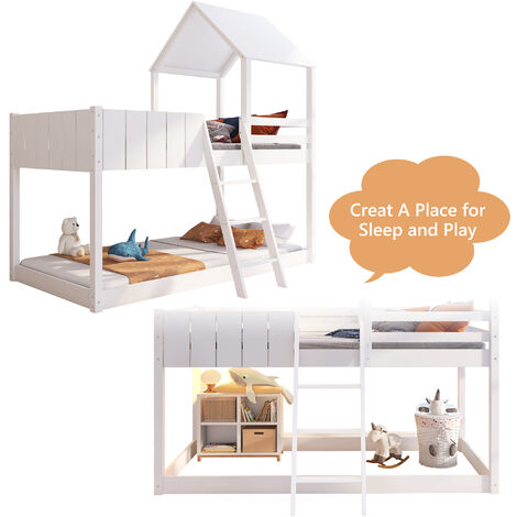 Wooden Bunk Bed, Loft Bed with Ladder and Guard Rail, Mid-Sleeper Cabin Bed for Children& Kids Home
