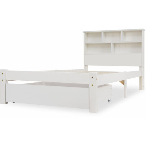 Bed with Shelves, White Wooden Storage Bed, Underbed Drawer, 3FT Single (90 x 190 cm)