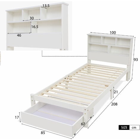 Bed with Shelves, White Wooden Storage Bed, Underbed Drawer, 3FT Single (90 x 190 cm)