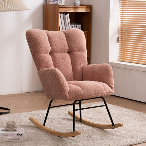 Mid Century Modern Teddy Fabric Tufted Upholstered Rocking Chair Padded Seat For Living Room Bedroom,Pink