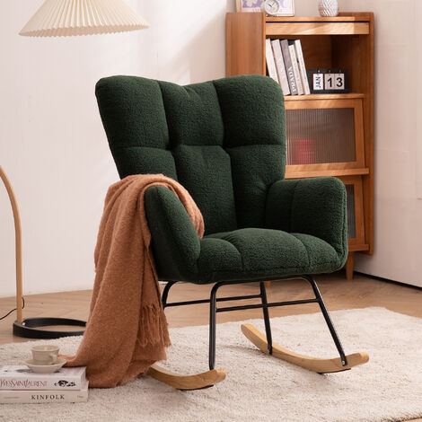 Mid Century Modern Teddy Fabric Tufted Upholstered Rocking Chair Padded Seat For Living Room Bedroom,Dark Green