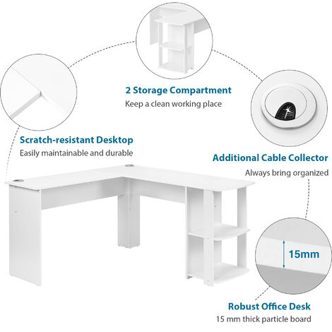 Corner Desk for Home Office L-Shaped Desk Gaming Desk Large Computer Desk Study Gaming Table Workstation, Easy to Assemble (White)