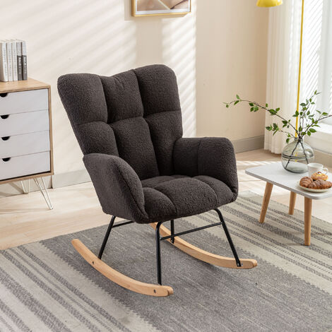 Rocking Chair Mid Century Modern Teddy Fabric Tufted Upholstered Padded Seat For Living Room Bedroom,Dary Gray (1/5)