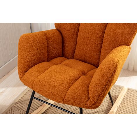 Rocking Chair Mid Century Modern Teddy Fabric Tufted Upholstered Padded Seat For Living Room Bedroom,Caramel