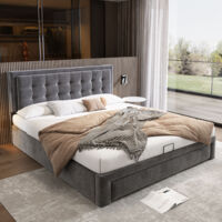 Upholstered Bed,Double Bed, Velvet Fabric, Large Storage Space,With Slats and Headboard,Without Mattress,Grey,135x190cm