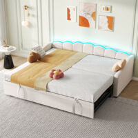 Luxury Velvet Upholstered Daybed with RGB LED Lighting – Convertible 3ft Petal Sofa Bed & Pull-Out Trundle – Versatile for Bedroom, Living Room or Study – Premium Beige Fabric 90x190cm