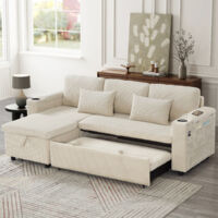 3-in-1 L-Shaped Convertible Sofa Bed with Storage & Charging Station – Grey Corduroy Sleeper Sectional with Pull-Out Bed, Armrest Storage & Chaise for Living Room, Bedroom, Office, Beige