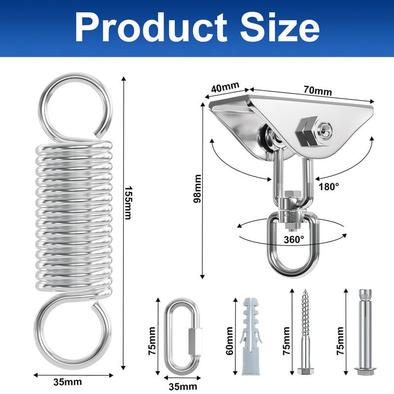 Randaco Gancio a soffitto per appendere sedie Gancio per carichi pesanti  fino a 400KG in acciaio inox Supporto a soffitto Gancio per amache  Rotazione di 360° con molla-1pcs