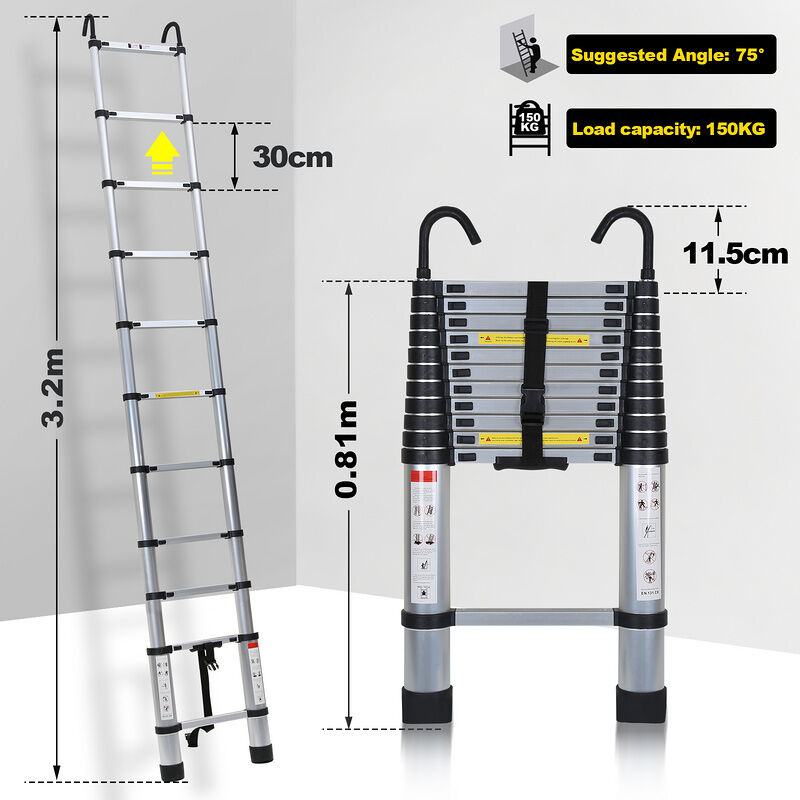 Cecaylie Scala telescopica in alluminio con gancio rimovibile 3,2 m,  allungabile, in alluminio, antiscivolo, portata 150 kg, colore silver :  : Fai da te